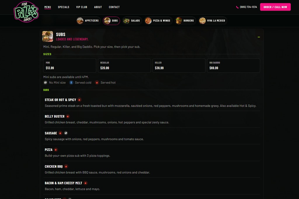 Menu page on the For Pizza’s Sake website redesign
