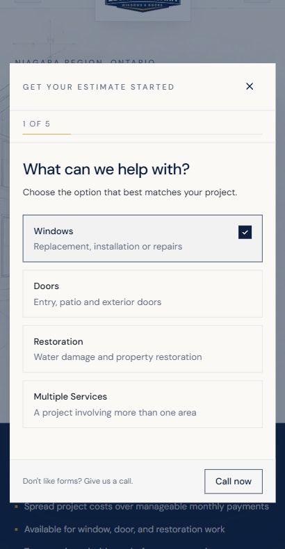 Legacy Niagara guided estimate request form